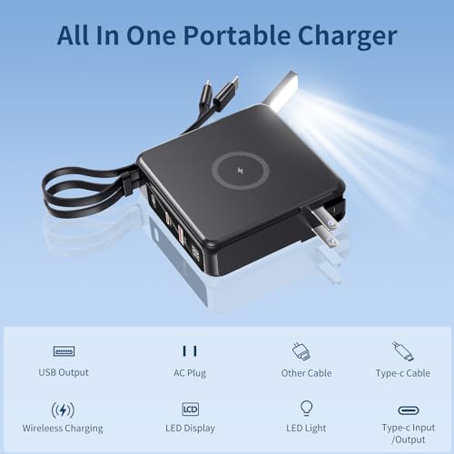 10000mAh Wireless Power Bank with Built-in Cables for iPhone, Samsung, and Android