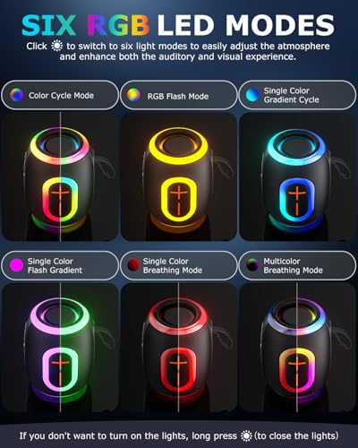 Portable Bluetooth Speaker with IPX5 Waterproof Stereo Sound & 6 LED Modes, Up to 20H Playtime