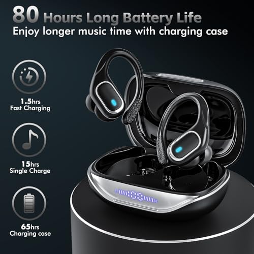 Black Bluetooth Earbuds - 80Hrs Playtime, IPX7 Waterproof, Wireless Charging